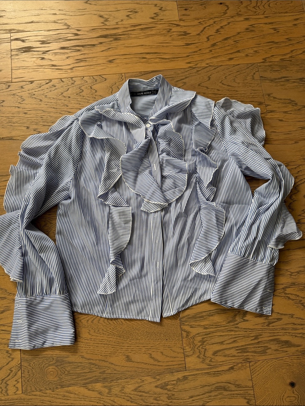 Ruffle Tie-Neck Striped Button-Down Blouse - Blue/White
